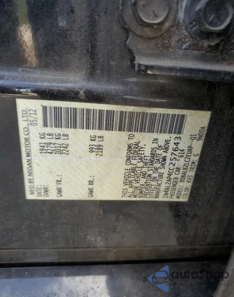 2012 Nissan Altima Base z USA, uszkodzony, nr VIN 1N4AL2AP4CC257643